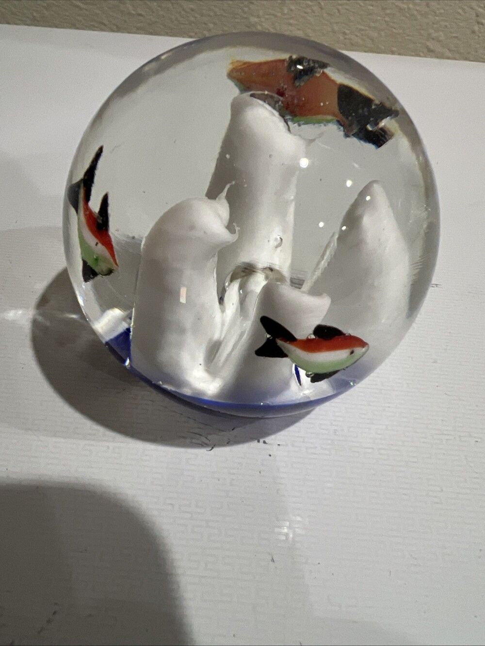 Art Glass Fish Paperweight Aquarium Controlled Bubble Blue Clear ~3"